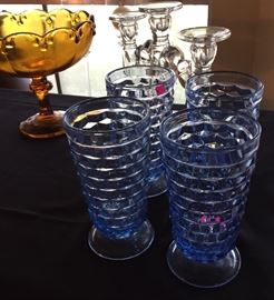 Fostoria Blue Goblets, Crystal Triple Candleholder, Amber Pedestal Candy Dish