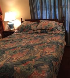 Full Size Bed, Table Lamp, Nightstand, Drapes