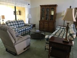 Broyhill sofa and love seat.  Lamps, lamp tables, hutch, and one of two recliners. 