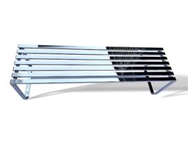 Buy it Now - Milo Baughman chrome slatted bench. 60 inches long. $650. Text Patty at 847-772-0404 to complete the transaction.