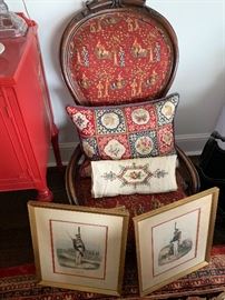 Beautiful embroidered pillows on newly upholstered antique chairs