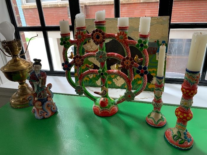 Colorful Mexican candleabra and candlesticks