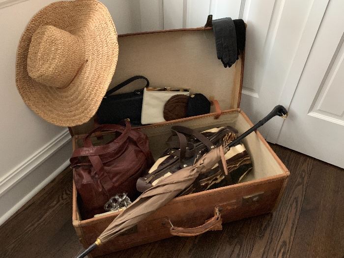 Vintage English made leather suitcase, purses, etc