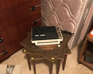  Portable record player on top of a set of 3 stacking tables!