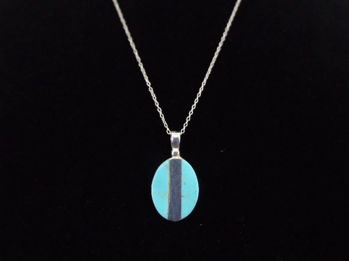 .925 Sterling Silver Inlayed Turquoise Pendant Necklace
