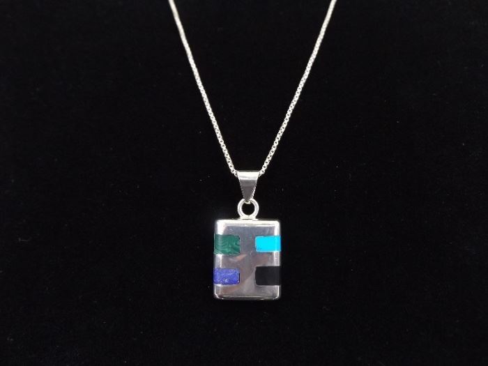 .925 Sterling Silver Inlayed Turquoise, Malachite, Lapis and Onyx Pendant Necklace
