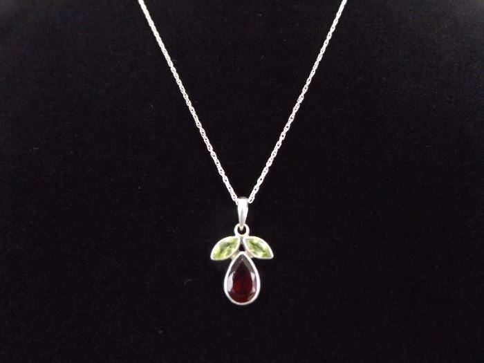 .925 Sterling Silver Faceted Crystal Garnet and Peridot Cherry Pendant Necklace

