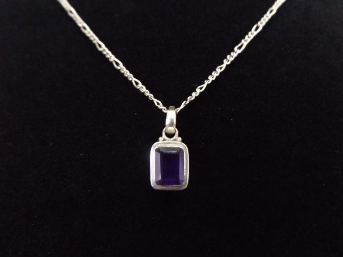 .925 Sterling Silver Faceted Amethyst Pendant Figaro Necklace
