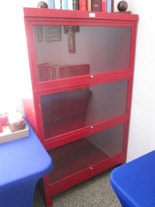 Metal and Very "Red" Glass-Front Bookshelf Unit