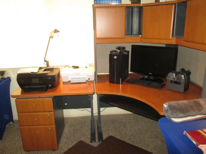 Corner Computer Station with Hutch + Printers & Desk Lamps
