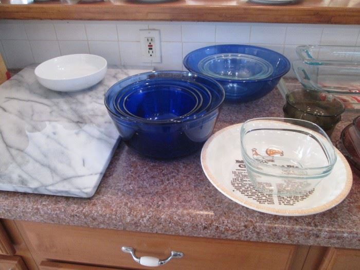 Marble Pastry Board & Anchor Blue Mixing Bowls (4)