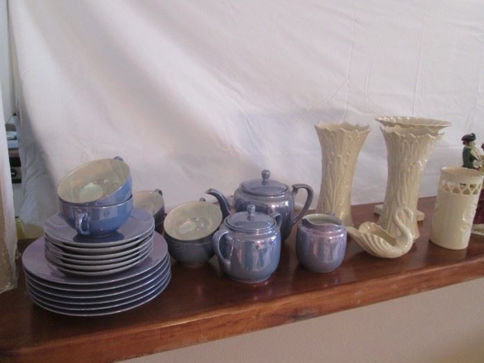 Lenox Vases & Blue Lusterware Set: Cups/Saucers, Cream/Sugar, Tea Pot and Dessert Plates