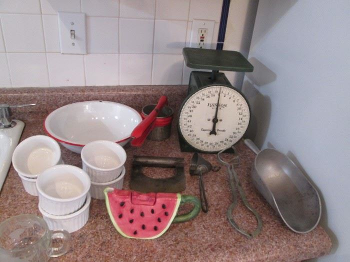 Several Wonderful Older Kitchen Utensils, Including a Hansen 60# Kitchen Scale