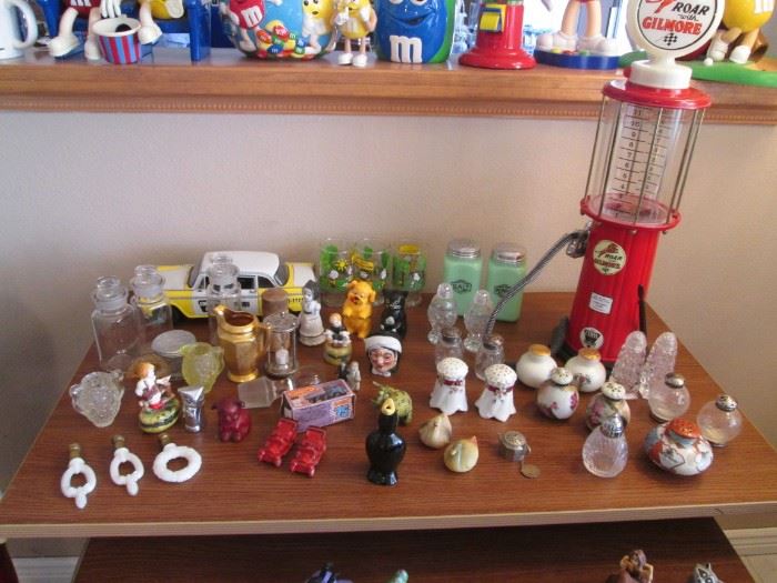 Salt & Pepper Collection, such as Imperlux, Nippon, Fitz & Floyd, Sterling & Crystal Pieces. Upper Right, "Roar with Gilmore" Gas Pump Drink Server.