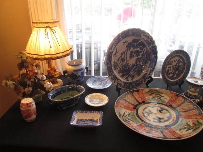 Back Left is a Hummel Lamp. Large Asian Charger