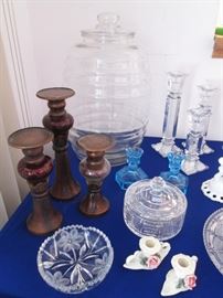 Back Left, Very Large Glass Jar. NOTE: We have an 8" Bowl, "American Brilliant Period", Cut Glass and a 15" Corset Vase from the same Era & Style.