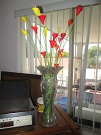 Clay Flowers in "American Brilliant Period" Cut-Glass Corset Vase (15" Tall)