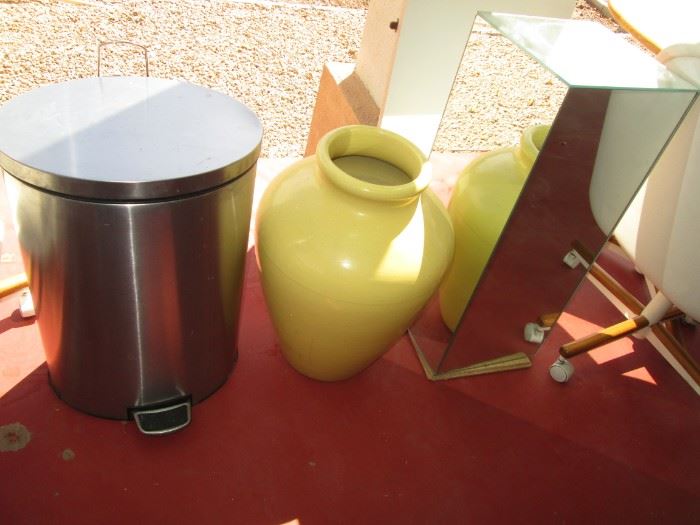 Glass Pedestal & Stainless Trash Can. Yellow Oil Jar is by California Pottery