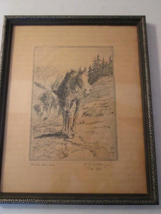 "Pack Horse" Etching by Elling William "Bill" Gollings,       Circa 1926.  Artist born in the Territory of Idaho, 1878.