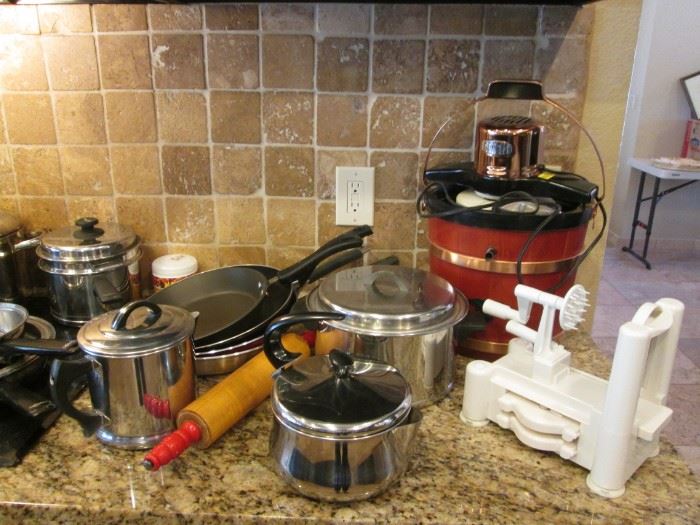 Upper Right, Proctor Silex Ice Cream Maker.                                    Pots & Pans, including "Lifetime Cookware",                18/8 Stainless.