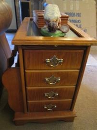 End Table with Drawers and Side Magazine Rack, Glass Insert on Top