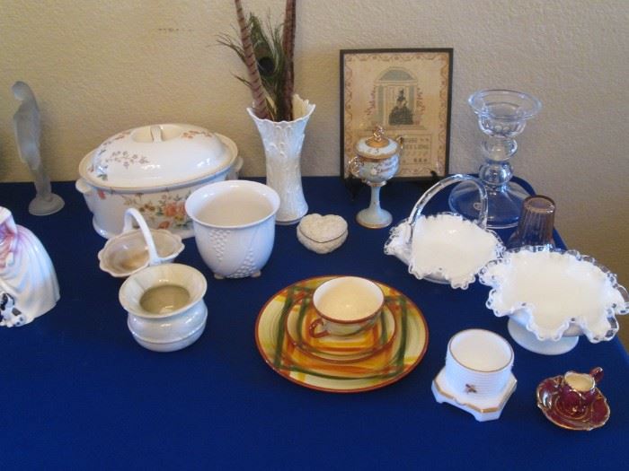 Fenton Milk Glass Bowl & Basket with Ruffled Edges.     Vintage Lenox Vase, Mikasa Oval Covered Casserole,    "Silk Bouquet".