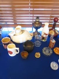 Kerosene Lamp, Leather Decanter, Mugs, Ash Trays & Lighter.  Vintage "Egizia" White Glass Milk Bottle with Lid, Italy + Urinal 