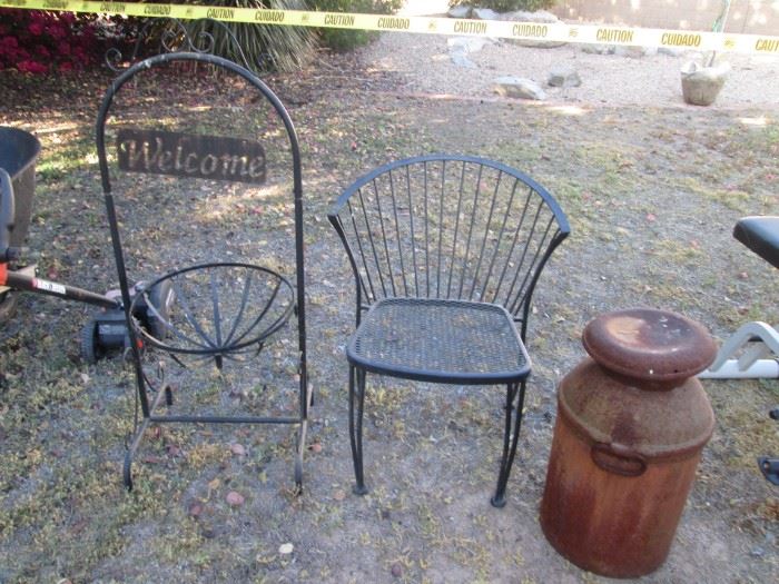 Plant Stand, Milk Can, Metal Chair
