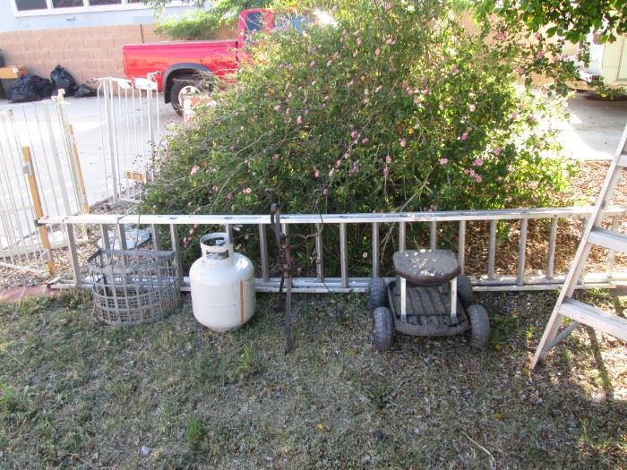 Rolling Garden Stool and Propane Tank