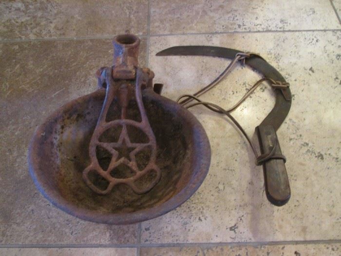 Vintage (or Maybe Antique) Sickle and Cast Iron Horse's Water Bowl, Spout Part
