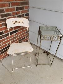 vintage metal folding chair, glass top plant stand 