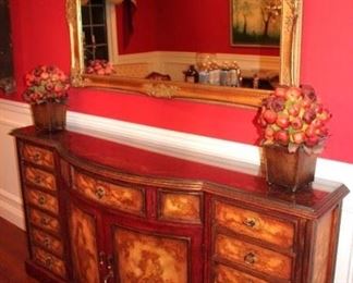 Inlaid Credenza and Large Framed Mirror