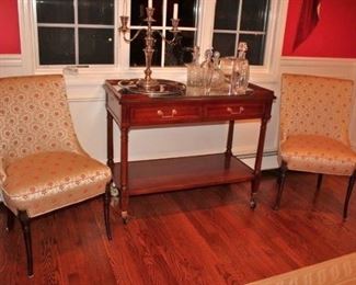 Console Table on Casters with Pair of Upholstered Side Chairs, Candelabra  and Decanters