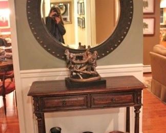 Round Framed Mirror, Statuary, Console Table and Urns and Pitchers