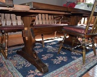 Trestle Farmhouse Table with Bench & Chairs, Area Rug