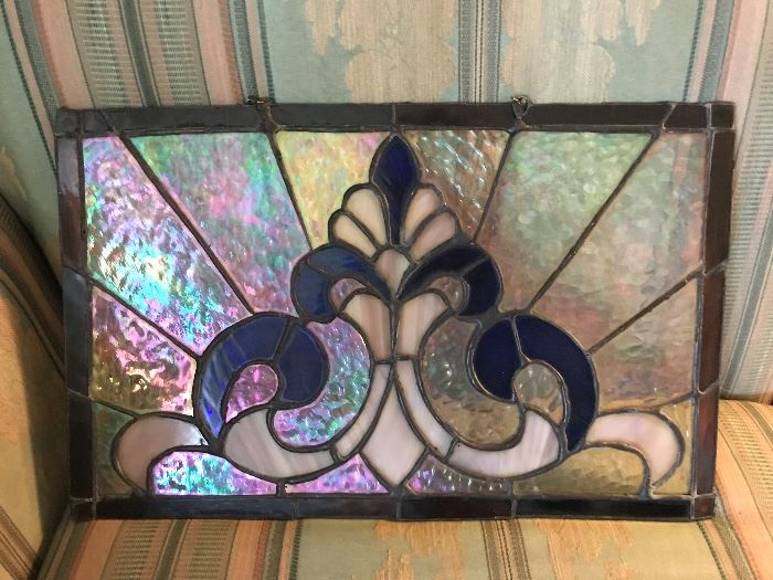 Beautiful iridescent stained glass panel with chain ready for hanging