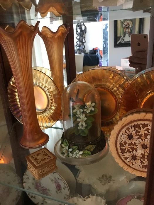 Luster ware  Carnival glass  and hand carved sandalwood items 