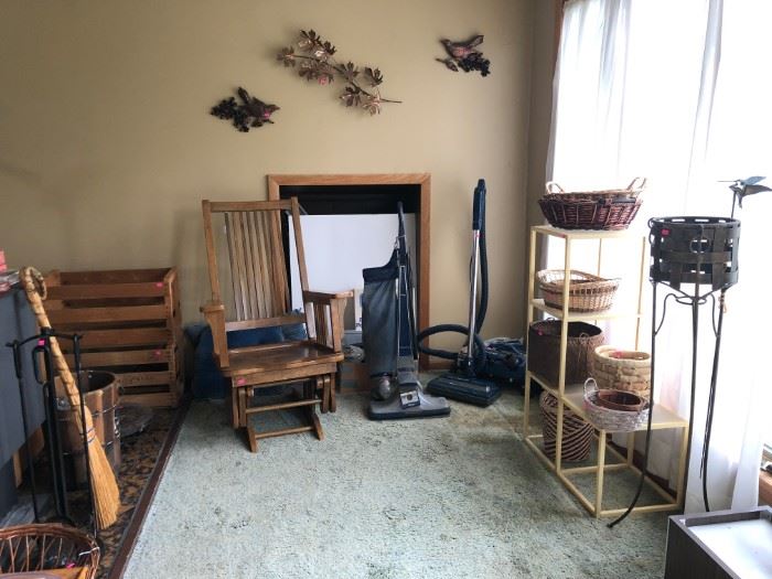 Rocking chair, Kirby vacuum with rug scrubber attachment, plant stands 