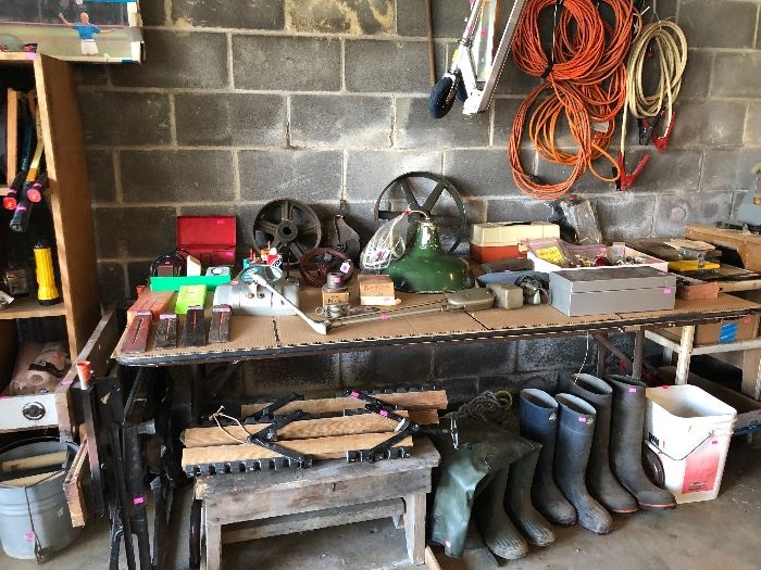 Garage items, tools, pulleys 