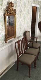 GILDED MIRROR, UPHOLSTERED DINING CHAIRS