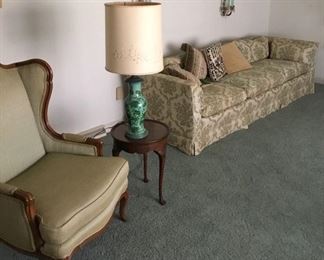 VINTAGE SOFA, WALL SCONCES, WING CHAIR, SIDE TABLE, LAMP