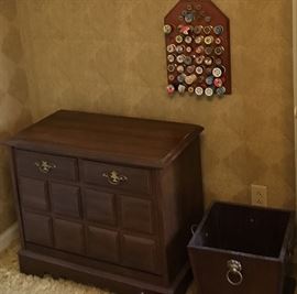 VINTAGE RECORD ALBUM CABINET, AMERICAN DECOR WASTEBASKET, THREAD CADDY
