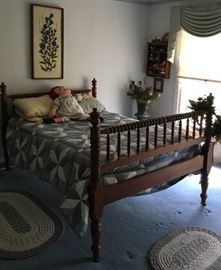 ANTIQUE BED, QUILT, BRAIDED RUGS, NEEDLEPOINT ART