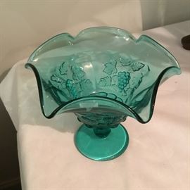 VINTAGE TURQUOISE GLASS COMPOTE