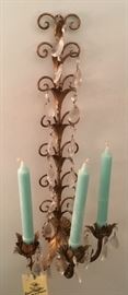 VINTAGE 3-CANDLE WALL SCONCE W/CRYSTALS (2 AVAILABLE)