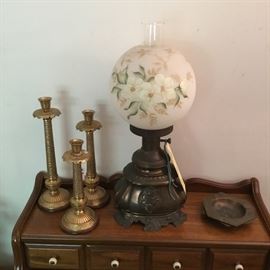 BRASS CANDLESTICKS, ANTIQUE PARLOR LAMP, BRASS ASHTRAYS
