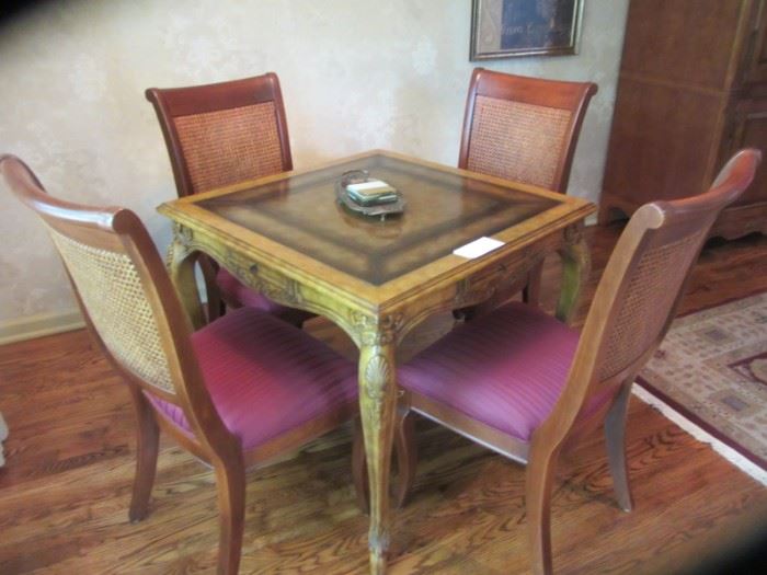 LEATHER TOP GAME TABLE WITH 4 NICHOLS AND STONE CHAIRS