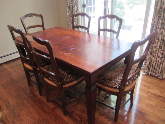 FARM TABLE AND 6 RUSH SEAT CHAIRS