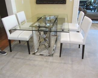 4 CONSTANTINI PIETRO ITALIAN CHAIRS IN WHITE LEATHER  AND GLASS TOP CHROME TABLE. AMAZING SET!