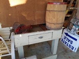 Old printers table / marble type top. AWESOME COFFEE BAR /  BAR piece here. One of a kind. $175
